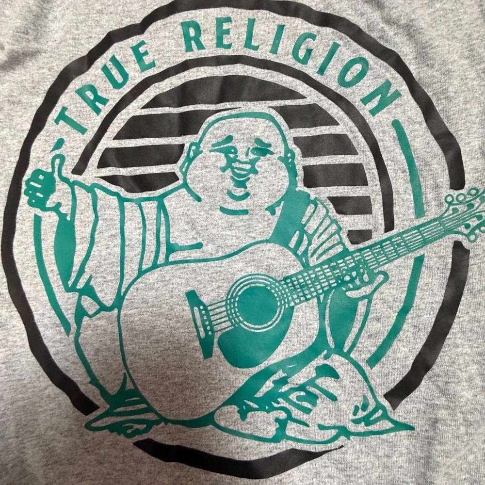 True Religion Buddha Guitar Graphic T Shirt Mens Large Gray Short Sleeve Crew‎